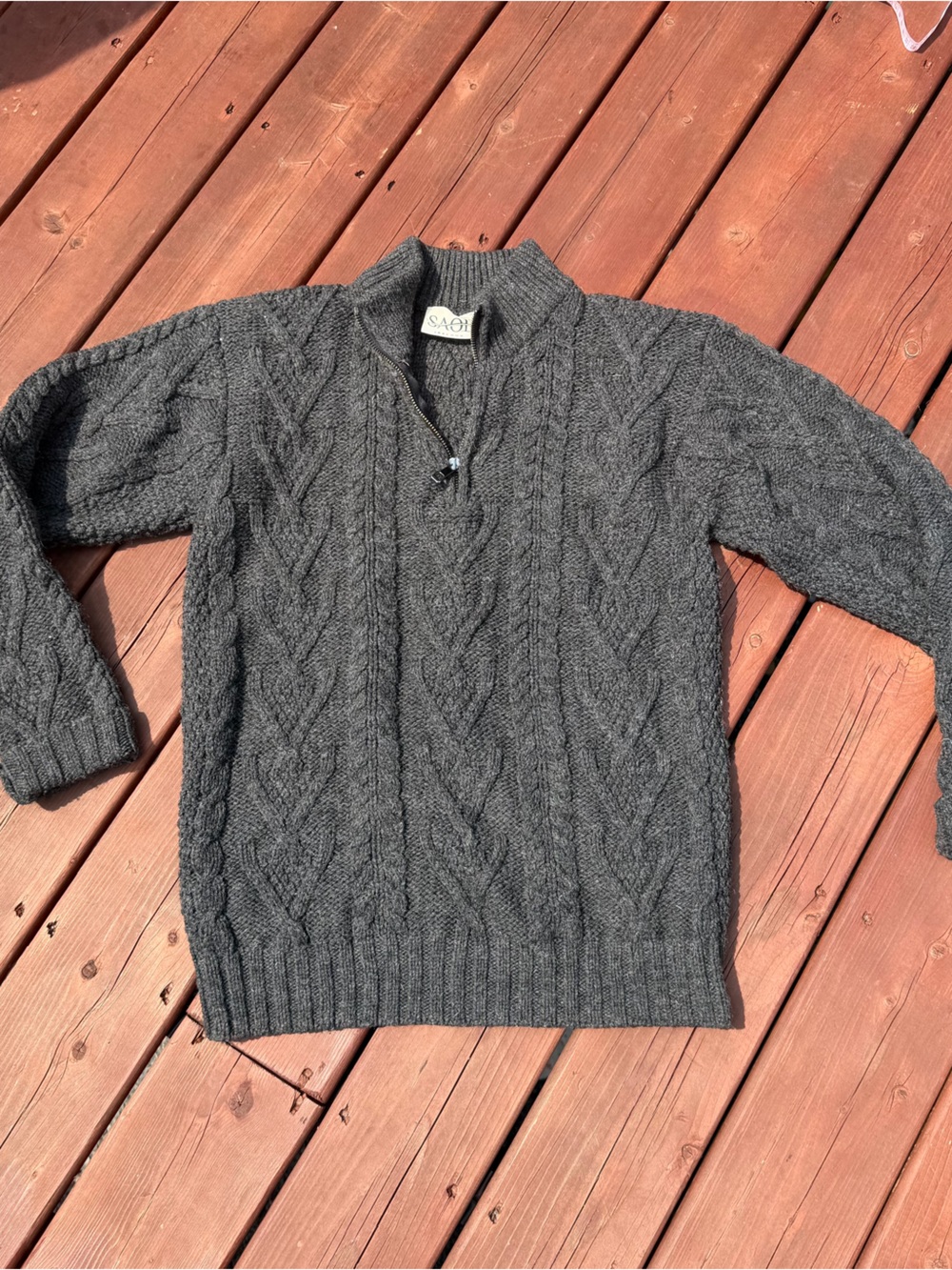 SAOL 100% Merino Wool Mens Zip Neck Fisherman Sweater SM - Picture 3 of 8
